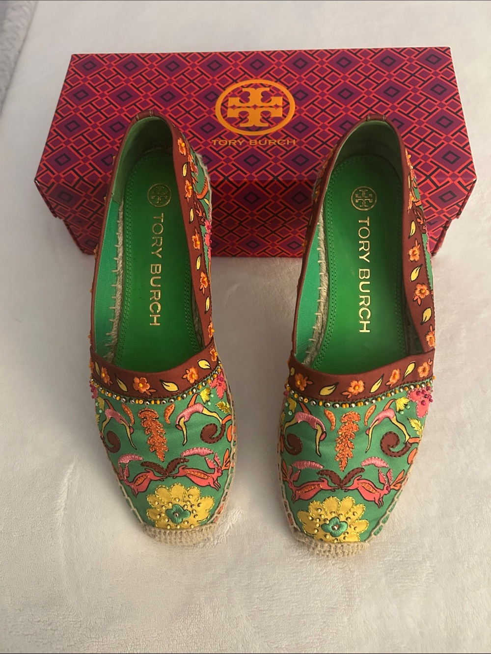 Tory Burch Mint Green Floral Embroidered Espadrilles